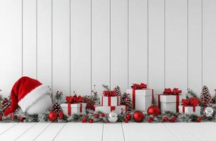 Holiday decorations featuring Christmas gifts and ornaments displayed on a festive white background with a Santa photo