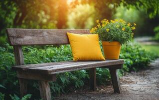 Inviting garden bench surrounded by colorful flowers and greenery in a serene outdoor setting during daytime photo