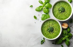 Fresh green basil soup in two bowls garnished with broccolini and garlic on a light grey surface surrounded by photo