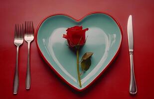 Elegant red rose and black utensils on a curved white plate set against a vibrant red background, capturing a photo