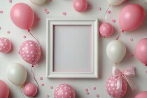 Colorful pink and white balloons and an empty frame arranged on a wall for a festive celebration inviting photo