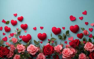 Beautiful arrangement of pink and red roses on a light blue background with heart-shaped decorations for a photo