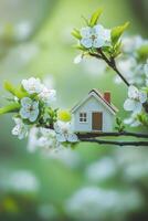Small house model placed on a branch surrounded by white blossoms in a blurred garden setting during springtime photo