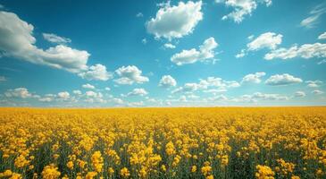 Vibrant yellow flower field under a bright blue sky with fluffy white clouds during midday sunlight photo