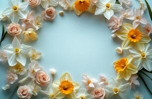 Fresh spring flowers arranged in a circular pattern on a white background perfect for invitations or decorations photo