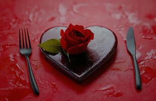 Elegant red rose and black utensils on a curved white plate set against a vibrant red background, capturing a photo