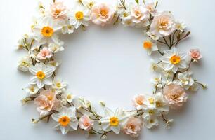 Fresh spring flowers arranged in a circular pattern on a white background perfect for invitations or decorations photo
