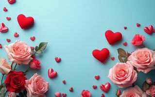 Beautiful arrangement of pink and red roses on a light blue background with heart-shaped decorations for a photo