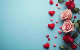 Beautiful arrangement of pink and red roses on a light blue background with heart-shaped decorations for a photo