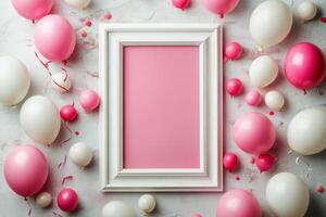 Colorful pink and white balloons and an empty frame arranged on a wall for a festive celebration inviting photo