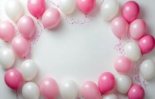 Colorful pink and white balloons surrounding empty frame on white background for decoration and celebration photo