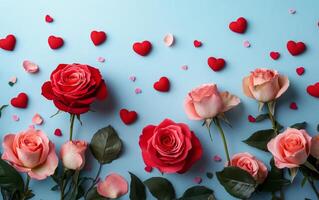 Beautiful arrangement of pink and red roses on a light blue background with heart-shaped decorations for a photo