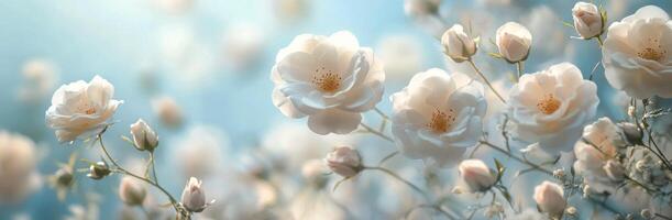 White roses bloom vibrantly in a serene garden, illuminated by soft sunlight filtering through branches during a photo
