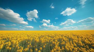 Vibrant yellow flower field under a bright blue sky with fluffy white clouds during midday sunlight photo