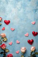 Romantic arrangement of roses and heart decorations on a blue textured background creates a vibrant and photo