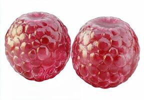 Three vibrant pink raspberries arranged in a row on a light background showcasing their texture and freshness photo