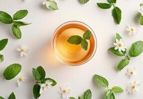 Herbal tea served in a white cup surrounded by fresh mint leaves and daisies on a clean surface in a bright and photo
