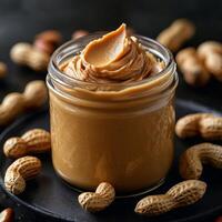 Creamy peanut butter in a jar surrounded by raw peanuts on a dark surface highlighting its rich texture and photo