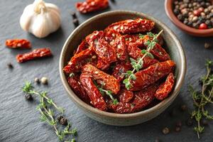 Sun-dried tomatoes packed in a bowl with herbs and spices on a kitchen countertop ready for use in culinary photo