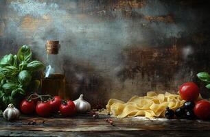 Fresh ingredients arranged on a wooden table including pasta, tomatoes, garlic, olives, and herbs for a photo