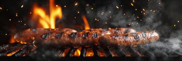 Grilled sausages sizzling on a barbecue grill surrounded by flames and smoke at an outdoor summer cookout photo