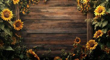 Colorful arrangement of autumn flowers and leaves on rustic wooden background ideal for seasonal decor and photo