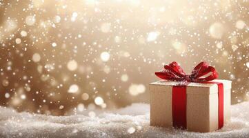 Winter gift box with red ribbon on snowy surface surrounded by sparkling lights creating a festive atmosphere photo