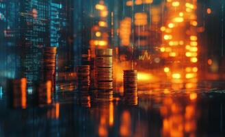 Stack of shiny coins reflecting city lights during nighttime, showcasing wealth and investment opportunities in photo