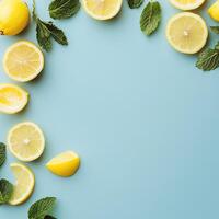 Fresh lemons and mint leaves arranged on a light blue background creating a vibrant and refreshing display ideal photo