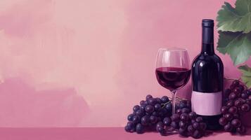 Red wine in a glass beside a bottle and freshly picked grapes on a soft pink background creating a warm and photo