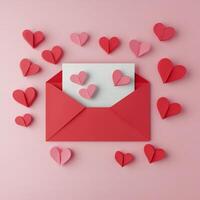 Colorful hearts surround a decorative envelope on a soft pink background for a romantic occasion or celebration photo