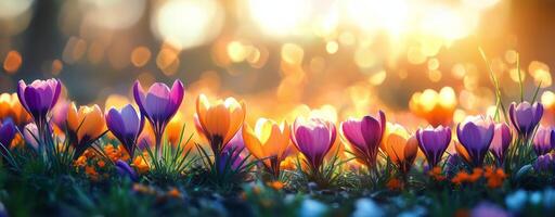 Colorful crocus flowers blooming in a vibrant garden during golden hour in early spring photo