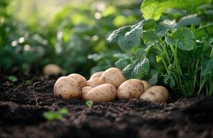 Freshly harvested potatoes nestled in rich soil among vibrant green spinach leaves in a sunny garden setting photo
