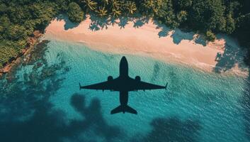 Shadow of an airplane glides over a turquoise beach surrounded by lush greenery during a clear day in a tropical photo
