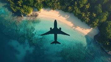 Shadow of an airplane glides over a turquoise beach surrounded by lush greenery during a clear day in a tropical photo