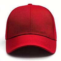 Bright red baseball cap displayed against a white background, showcasing its simple yet timeless design for photo