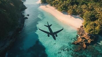 Shadow of an airplane glides over a turquoise beach surrounded by lush greenery during a clear day in a tropical photo