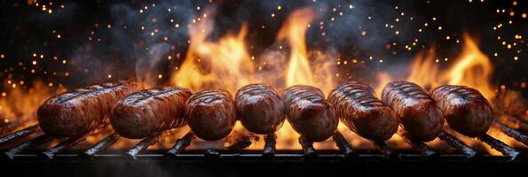 Grilled sausages sizzling on a barbecue grill surrounded by flames and smoke at an outdoor summer cookout photo