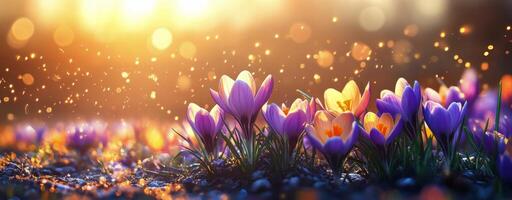 Colorful crocus flowers blooming in a vibrant garden during golden hour in early spring photo