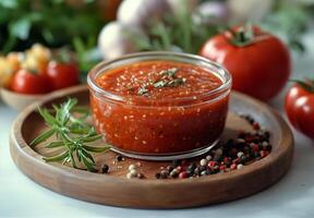 Fresh tomato salsa made with herbs and spices on a wooden surface surrounded by tomatoes and greens photo