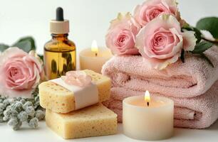Relaxing spa setup with roses, candles, and natural skincare products creating a soothing ambiance for self-care photo