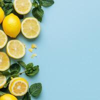 Fresh lemons and mint leaves arranged on a light blue background creating a vibrant and refreshing display ideal photo