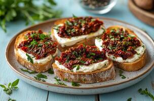 Delicious crostini topped with sun-dried tomatoes and fresh herbs served on a wooden platter at a casual dining photo
