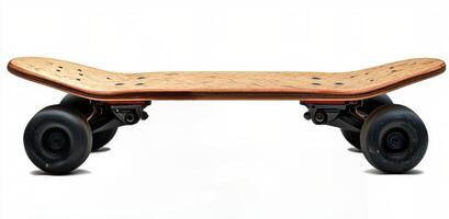 Stylish wooden skateboard displayed from above showcasing its unique design and modern skateboard trucks in a photo