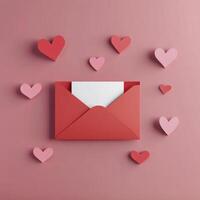 Colorful hearts surround a decorative envelope on a soft pink background for a romantic occasion or celebration photo