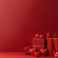 Valentine's day gifts and decorations arranged creatively on a vibrant red background with heart-shaped items photo
