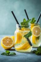 Refreshing mint lemonade in glass jars garnished with lemon slices and mint leaves on a blue background photo