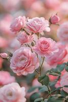 Beautiful pink roses blooming in a garden during spring, showcasing their vibrant colors and delicate petals photo