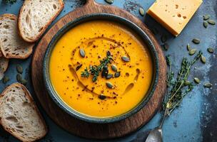Delicious pumpkin soup served in a rustic bowl with bread and cheese on a wooden board beside fresh herbs and photo