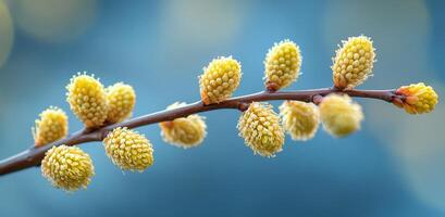 Blossoming catkins on a branch highlighting the arrival of spring in a serene outdoor setting with soft blue photo